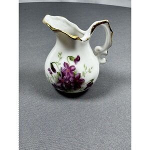Vintage White Ceramic Pitcher Vase with Handle, Gold Trim Made in Japan  3" tall